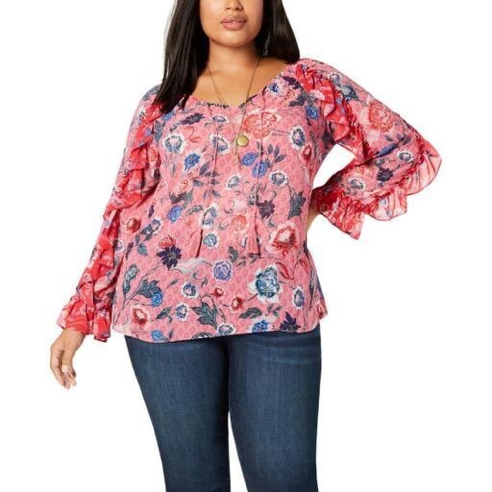 Style & Co Plus Size 0X Ruffled Multi-Floral Print Top - Women's Fashion Blouse